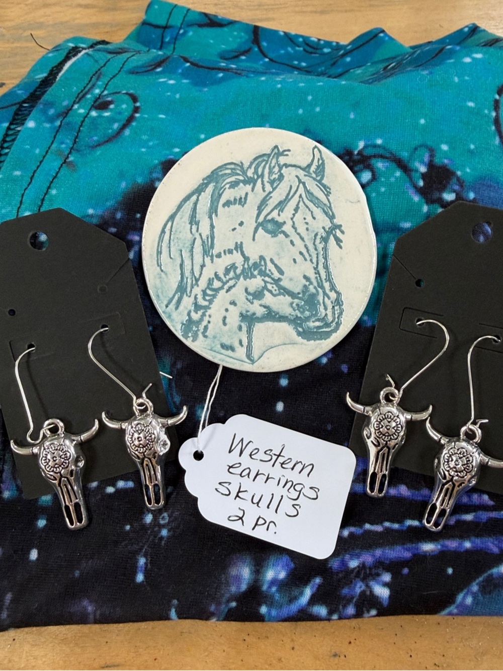 Silver toned Western Skull Dangle Earrings - Set of 2 Pairs-S - Picture 3 of 7